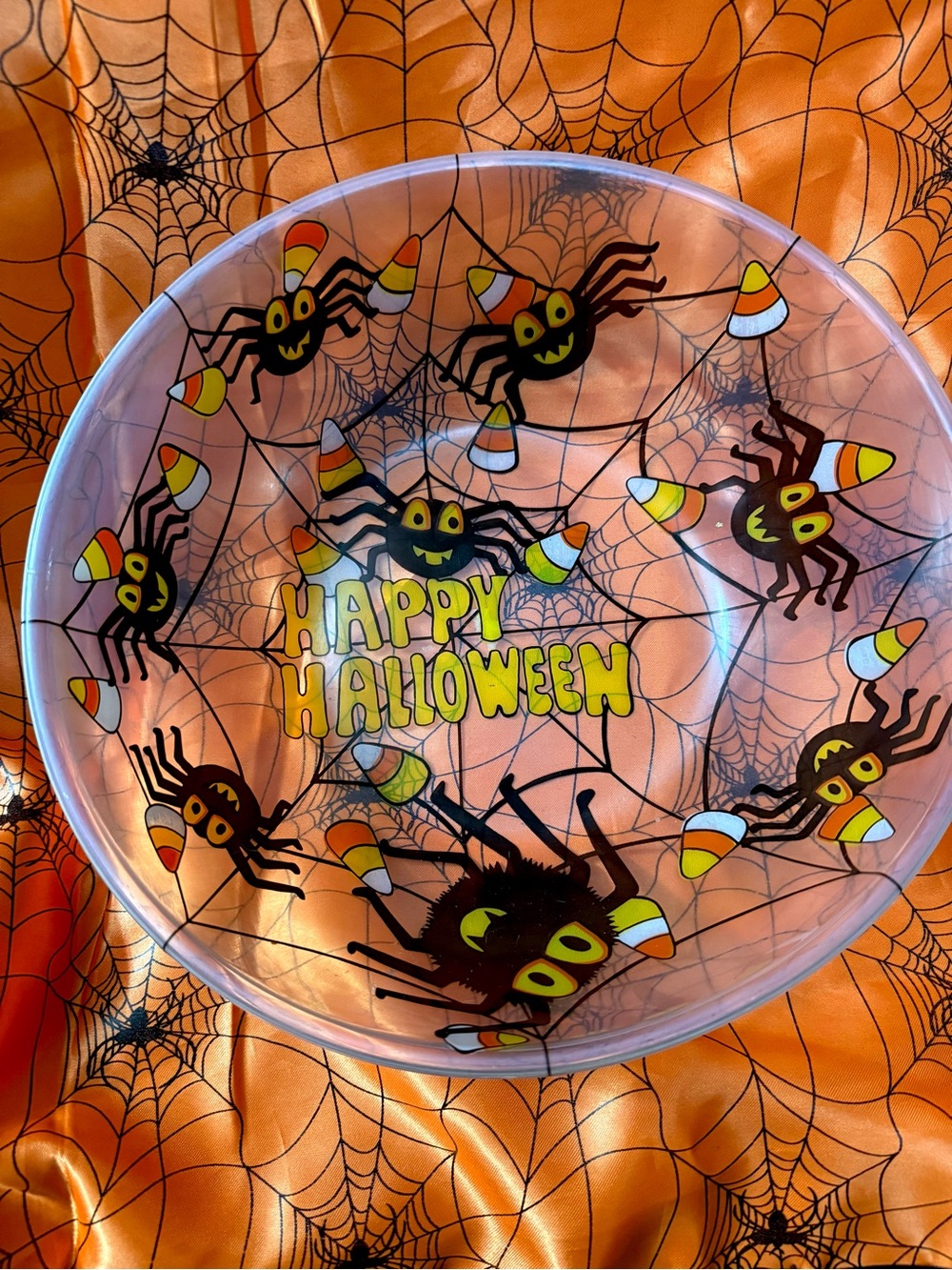 🔥Vintage 1996 Pumpkin Hollow 11" Plastic Halloween Bowl Spiders Candy Corn Web
